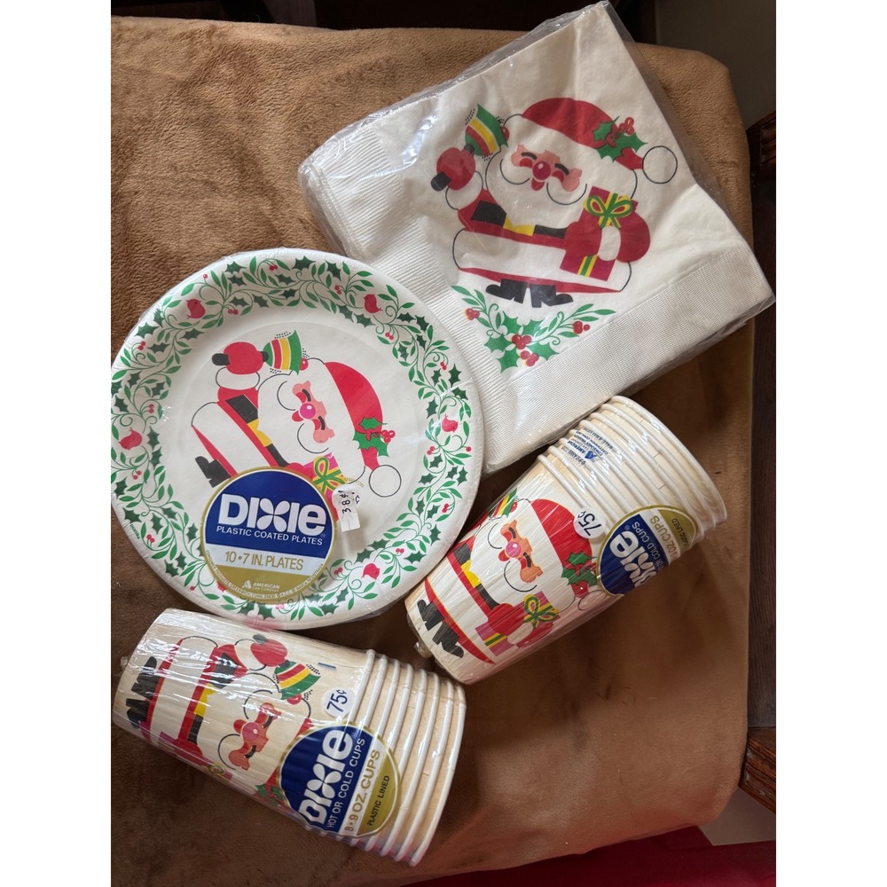 Vintage Dixie Christmas Santa Paper Plates Cups Napkins Set Retro Holiday Decor